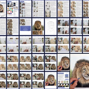 Collage showing all the pages in this comprehensive painting lesson.  There are pages with text alongside photos, and pages with just photos.  You can see the painting of the lion progress from start to finish.