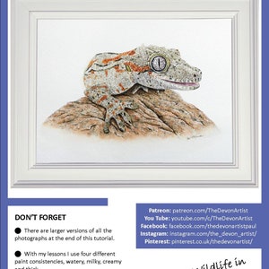 Page one of the ebook, showing the gecko painting in a white frame, with Paul's social media links below it.