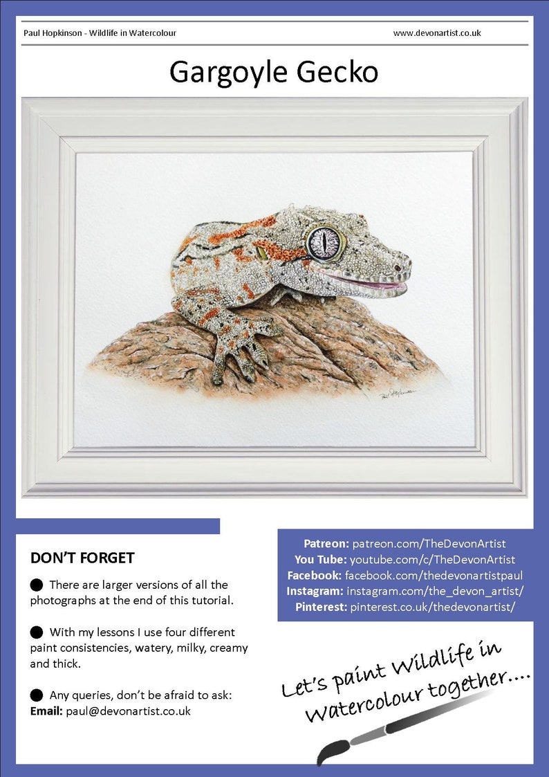 Page one of the ebook, showing the gecko painting in a white frame, with Paul's social media links below it.