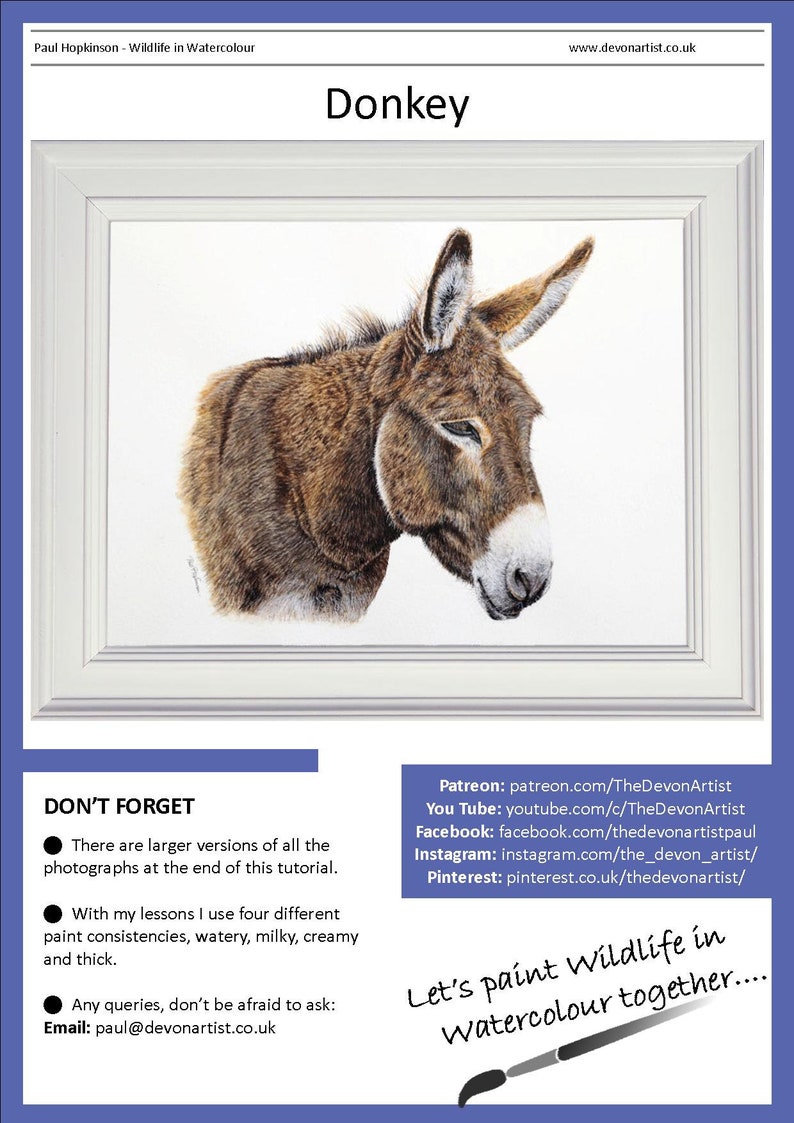 First page of the donkey painting lesson.  This shows the donkey in a white frame, alongside ways of contacting Paul online.