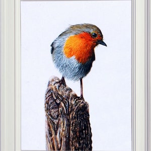 The robin painting in a white frame.  The robin is perched on a wooden stump and, whilst facing forwards, it is looking to the right.  It is a grey and brown bird, with a red face and chest.