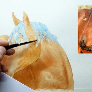 A set of 4 work in progress photos, this shows the horse with a basic wash over its body, but with the mane masked off.