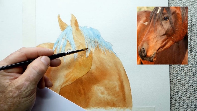 A set of 4 work in progress photos, this shows the horse with a basic wash over its body, but with the mane masked off.