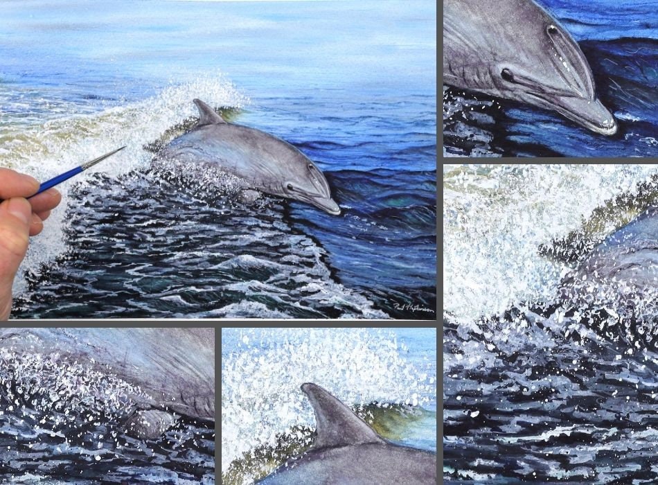 オリジナル水彩画イルカの絵画、リアルな野生動物のアートワーク