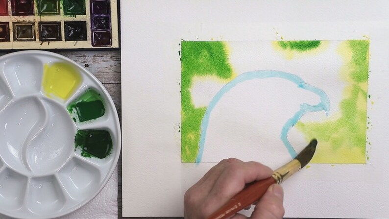 An early photo as Paul works on the background.  This is green and yellow, fading to white around the edge of the bird.