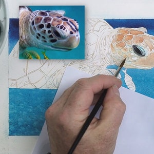 A set of 4 work-in-progress photos, the first shows Paul applying a light brown wash to the animal's face.  He has already painted the eye, and applied the blue background.