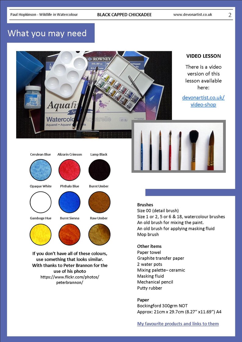 The watercolor materials you will need to complete this project.  These include swatches of the various colours you will need, alongside a list of other items which will be useful for the painting.