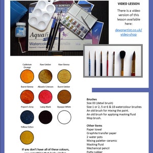 The colours needed for painting a wolf.  The watercolours are shown as swatches with their names above.  The paints are mainly browns, reds, greys and oranges.  There is also a list which includes brushes.