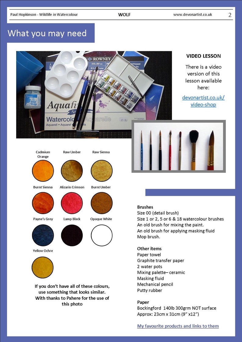 The colours needed for painting a wolf.  The watercolours are shown as swatches with their names above.  The paints are mainly browns, reds, greys and oranges.  There is also a list which includes brushes.