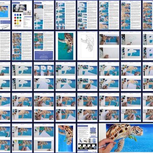 An overview of the sea turtle lesson, showing lots of pages of content, both written and photos of Paul's work as he progresses through the painting.