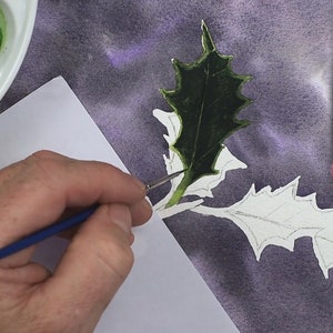 Paul has built up the colour on the first leaf, and has now covered the bright green wash with darker tones of paint.  There are glimpses of the first colour along the vein, edges and stem.