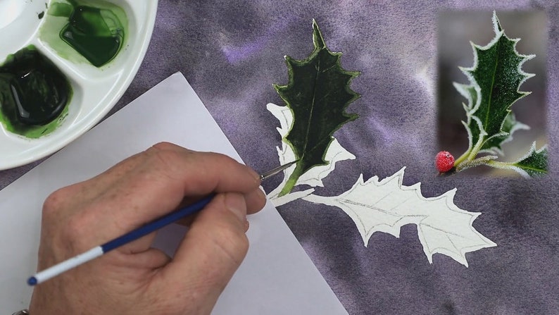 Paul has built up the colour on the first leaf, and has now covered the bright green wash with darker tones of paint.  There are glimpses of the first colour along the vein, edges and stem.