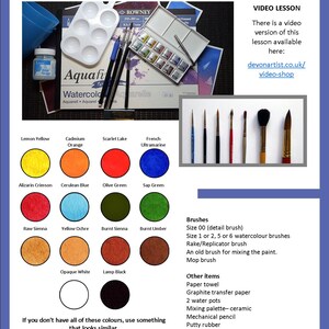 The second page of the lesson, which lists the materials needed for the project.  The paint colours are shown visually and named as well.