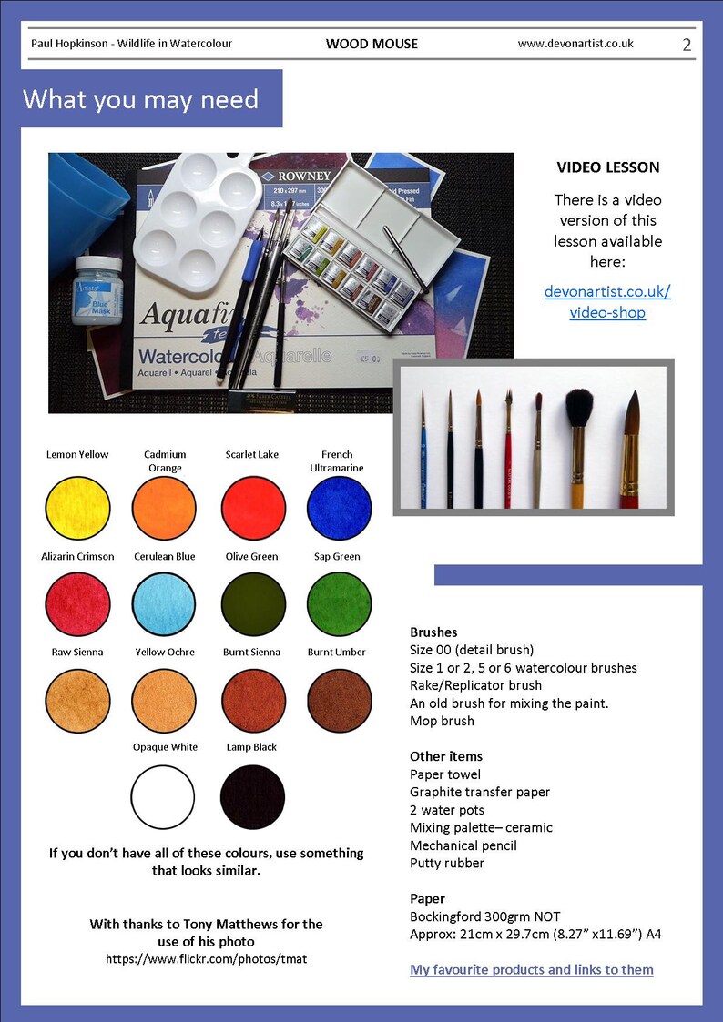 The second page of the lesson, which lists the materials needed for the project.  The paint colours are shown visually and named as well.