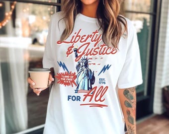T-shirt Liberté et justice pour tous T-shirt Droits de l'homme T-shirt Statue de la liberté du 4 juillet résistant aux t-shirts DEI T-shirt Serment d'allégeance