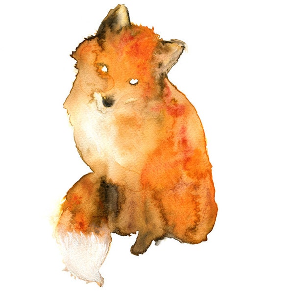 Renard peinture aquarelle originale de format 24x32cm de couleur rousse et marron.