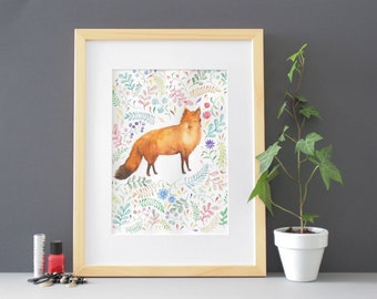 Fox art spring, original watercolor painting of size 9*12 inches (24x32cm)
