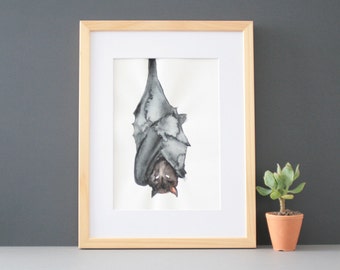 Bat illustration of size 9*12 inches, original watercolor painting of black color.