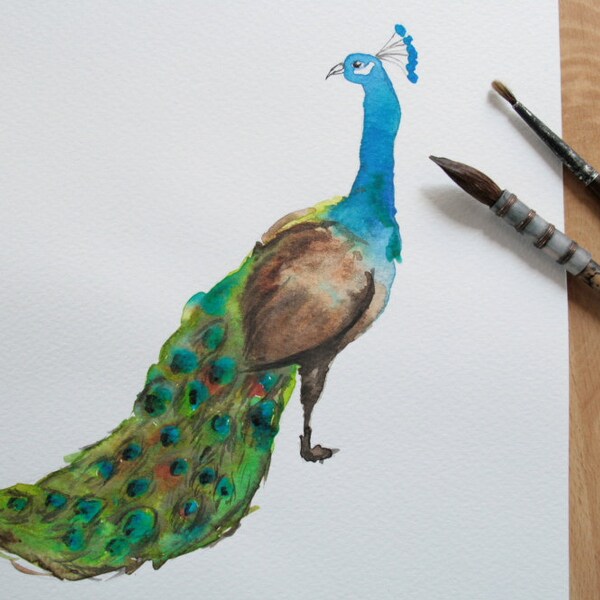 Paon aquarelle originale de format 20 x 24 cm, bleu turquoise, vert, marron, animal de la forêt