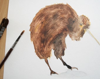 Kiwi original watercolor painting, wild bird illustration 9,40x 12,60 inches with brown color, wall home decor.