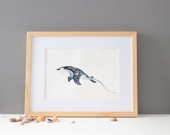 Ray Original Watercolor painting ocean sea ocean fish illustration of size 9,4*12,6 inches navy-blue