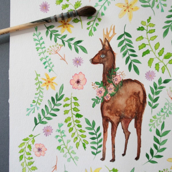 Deer of the forest, original watercolor of size 9,40x12,60 inches (24 x32 cm), plant pattern on background