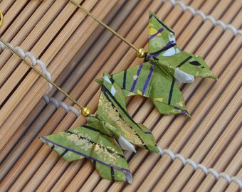 Paper butterfly earrings Japanese jewelry washi paper jewelry drop earrings green purple gold origami jewelry handamade Oriental gift her