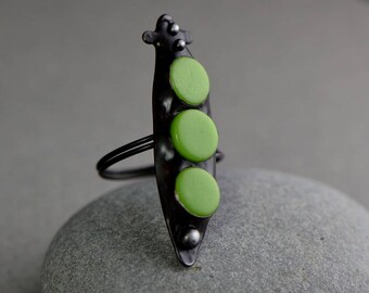 Peapod ring pea pod unique nature ring stained glass ring garden fit any size ring black green ring handmade jewelry unusual gardener gift