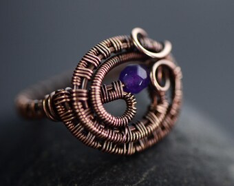 Copper wire ring purple amethyst artistic free flowing ring handmade jewelry artisan ring asymmetrical aged copper ring size 7.5 US P UK