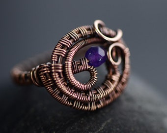 Handmade Copper Wire Ring: Amethyst Gemstone, Asymmetrical Artisan Jewelry, US Size 7.5
