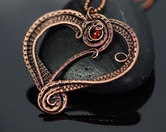 Wire wrapped pendant heart wire weave copper wire necklace carnelian gemstone elegant wire weave copper handmade jewelry love Valentine