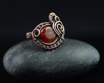 Agate ring handmade copper wire ring honey agate ring rabbit size 6.5 size N zodiac ring wire wrapped