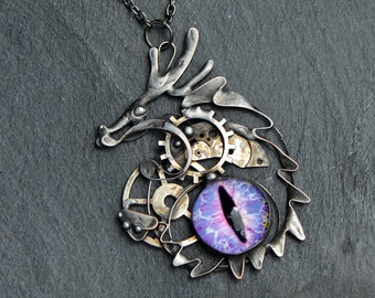 Steampunk dragon necklace dragon eye jewelry metalwork pendant gothic jewellery fantasy goth purple mother of dragons good fortune