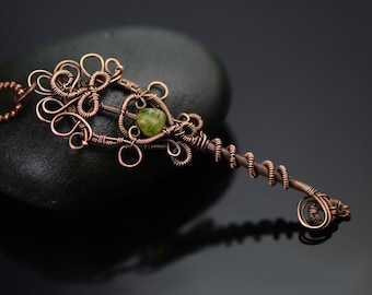 Wire Wrapped Key Necklace: Raw Peridot Gemstone, Copper Pendant