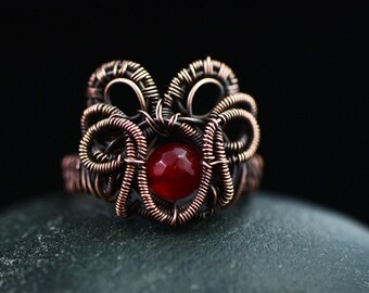 Handcrafted Copper Wire Ruby Ring - Crown Boho Ring, Size 7.5