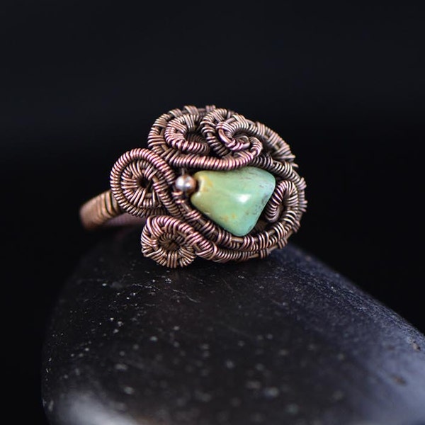 Copper wire wrapped ring American turquoise ring rough natural gemstone raw stone jewelry woodland fairy handmade ring size 9 US R.5 or S UK