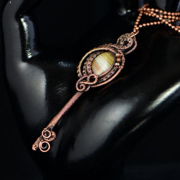 Key necklace copper wire wrap key jewelry agate gemstone pendant unique gift 18th 21st birthday fashion handmade jewelry fantasy wire work