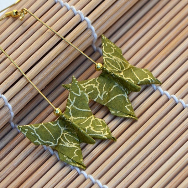 Paper jewelry butterfly earrings origami nature jewelry natural jewelry set bamboo green gold long earrings Oriental dangle earrings