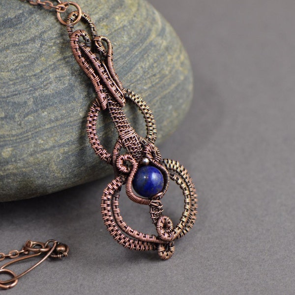Copper wire jewelry cello wire wrapped necklace lapis lazuli blue gemstone jewelry wire weave violin guitar pendant musical instrument music