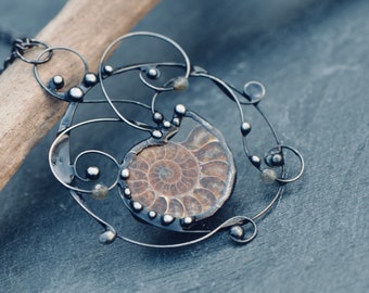 Ammonite necklace fossil pendant statement jewellery artistic pendant metalwork jewelry labradorite wirework boho bohemian jewelry