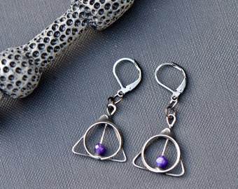 Magical jewelry amethyst gemstones fantasy earrings witches earrings triangle earrings boho teenager gift wizards symbol