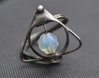 Wizard symbol adjustable ring opal gemstone magical magical jewelry witch ring triangular handmade ring raw metalwork primitive vintage