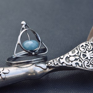 Magical symbol adjustable ring aquamarine gemstone magical symbol magical jewelry witch ring druids vintage style handmade March birthstone