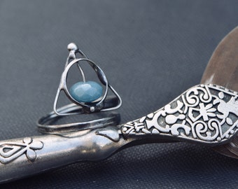 Magical symbol adjustable ring aquamarine gemstone magical symbol magical jewelry witch ring druids vintage style handmade March birthstone