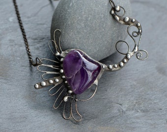 Amethyst necklace asymmetrical jewelry gemstone pendant handmade art jewelry bohemian necklace purple black goth abstract flower