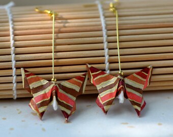 Origami butterfly earrings Japanese jewelry washi paper jewelry drop earrings origami jewelry orange brown gold stripes Earth colour Fall