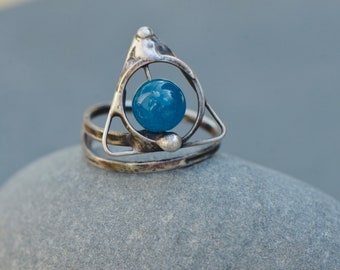 Magician ring symbol adjustable ring blue teal agate gemstone magical symbol fantasy jewelry witch ring Ravenclaw artisan gift