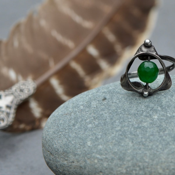 Magical symbol adjustable ring emerald gemstone magical symbol magical jewelry witch ring triangular handmade hand forged ring raw metalwork