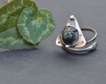 Wizard symbol adjustable ring moss agate gemstone magical magical jewelry witch ring wizarding handmade ring raw metalwork primitive
