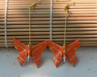 Paper butterfly earrings - Japanese jewelry washi chiyogami paper jewelry drop earrings Oriental present origami jewelry saffron orange gold